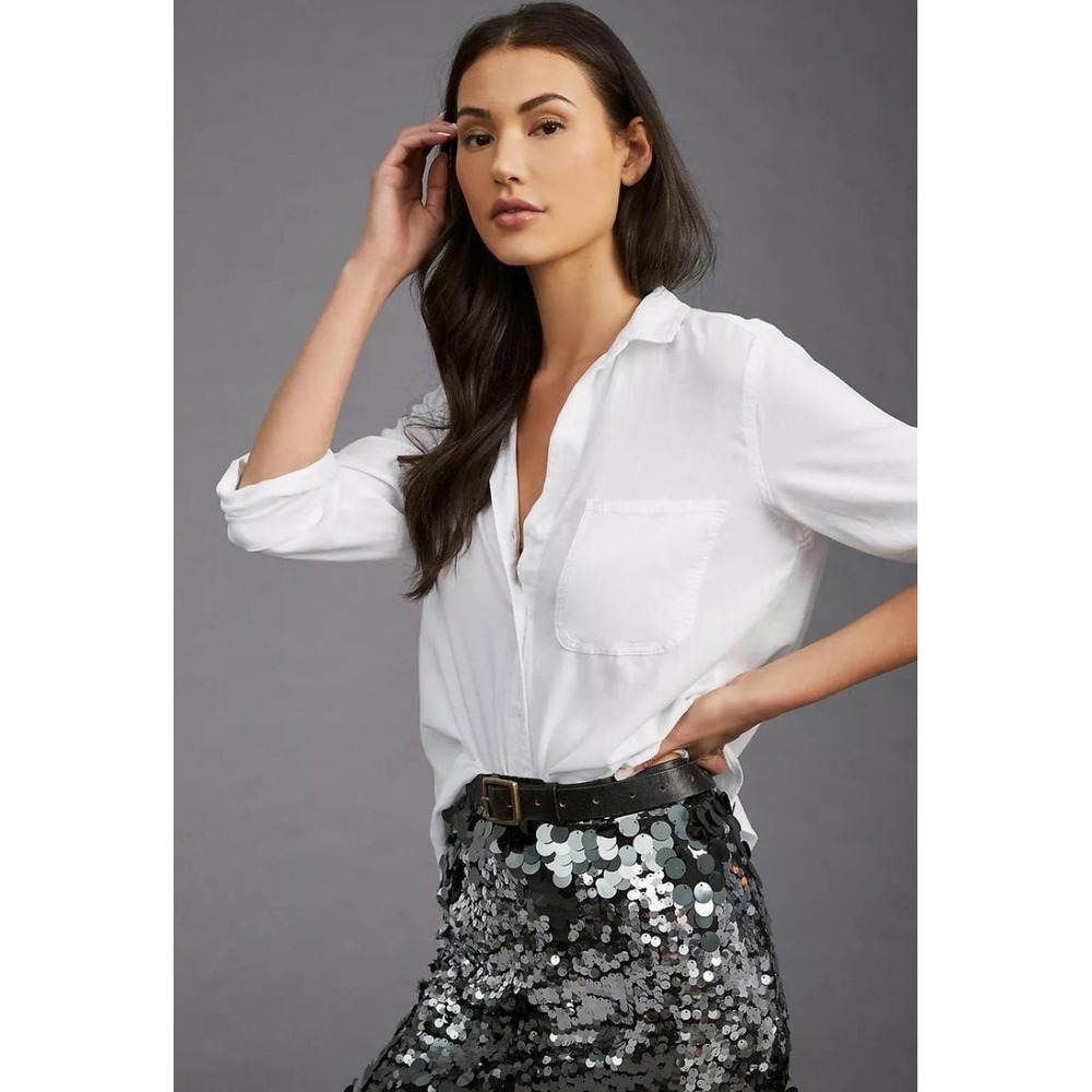 Cloth & Stone Button Up Women L White Tencel Long Sleeve Casual Relaxed Blouse